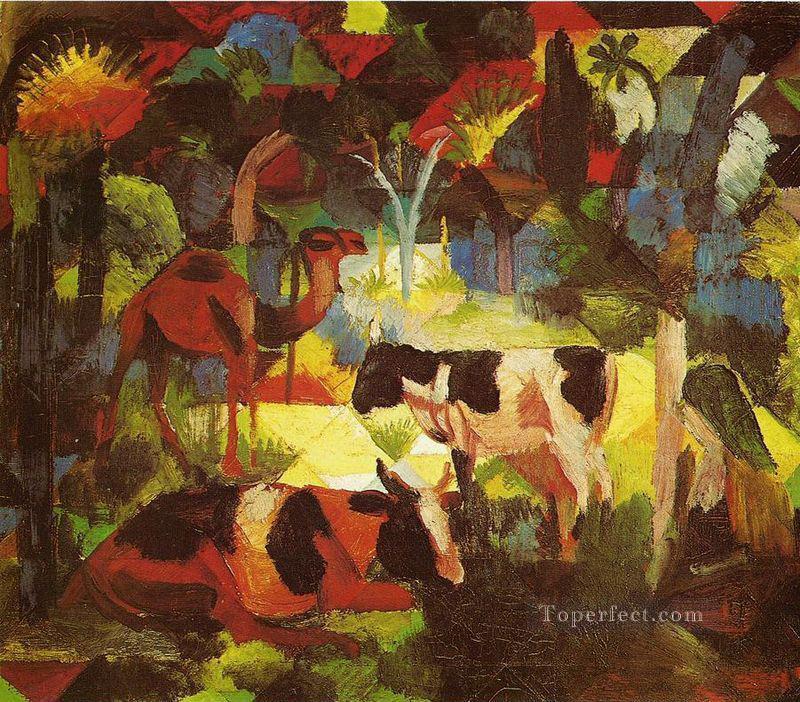 牛とラクダのある風景オーガスト・マッケ油絵